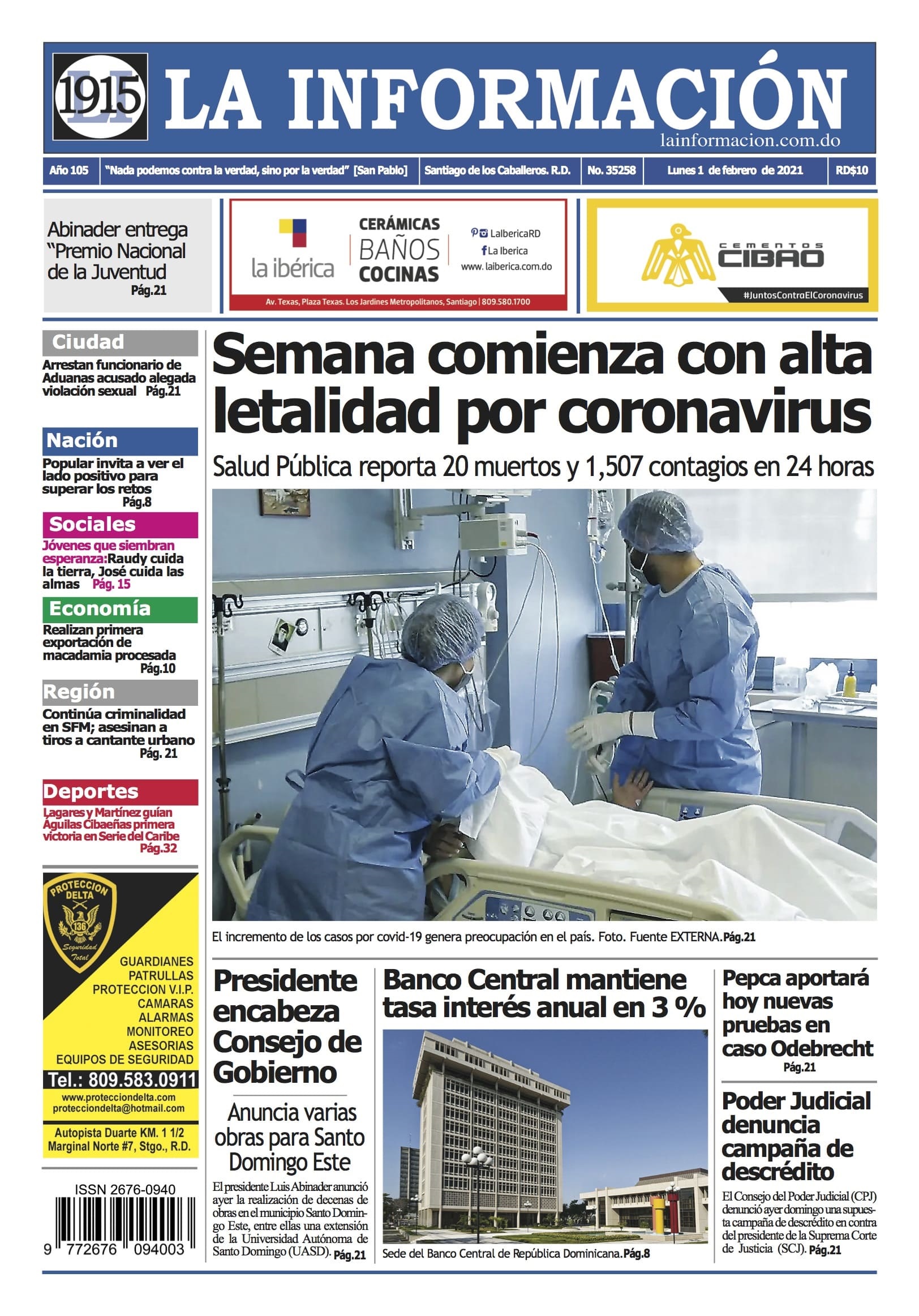 Portada Periódico La Información, Lunes 01 de Febrero, 2021
