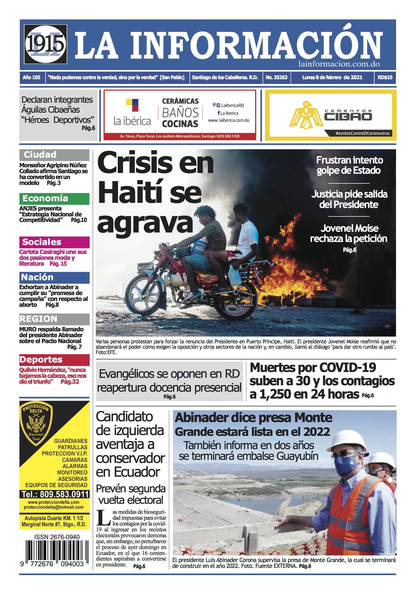 Portada Periódico La Información, Lunes 08 de Febrero, 2021