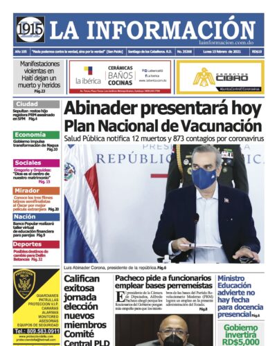 Portada Periódico La Información, Lunes 15 de Febrero, 2021