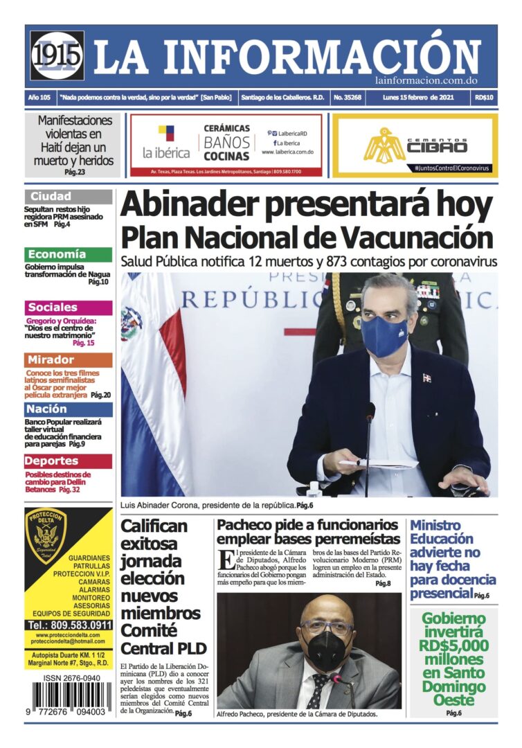 Portada Periódico La Información, Lunes 15 de Febrero, 2021