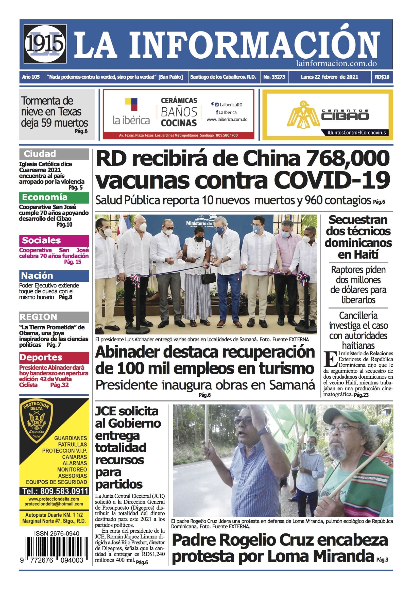 Portada Periódico La Información, Lunes 22 de Febrero, 2021