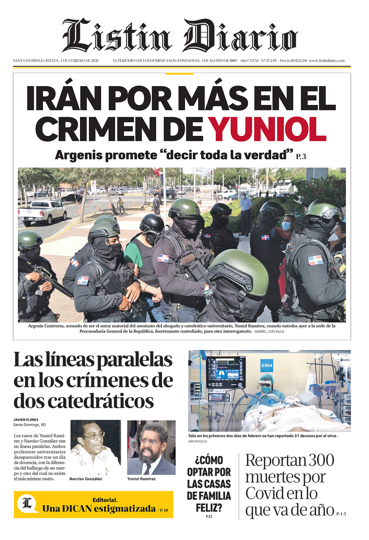 Portada Periódico Listín Diario, Jueves 04 de Febrero, 2021