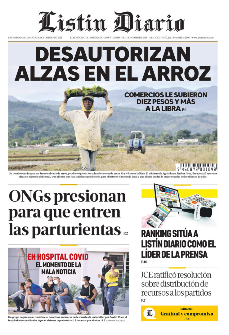 Portada Periódico Listín Diario, Jueves 18 de Febrero, 2021