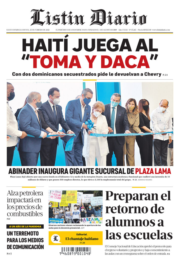 Portada Periódico Listín Diario, Jueves 25 de Febrero, 2021