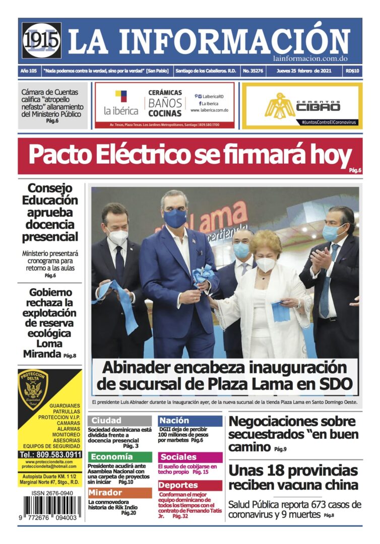 Portada Periódico Listín Diario, Jueves 25 de Febrero, 2021