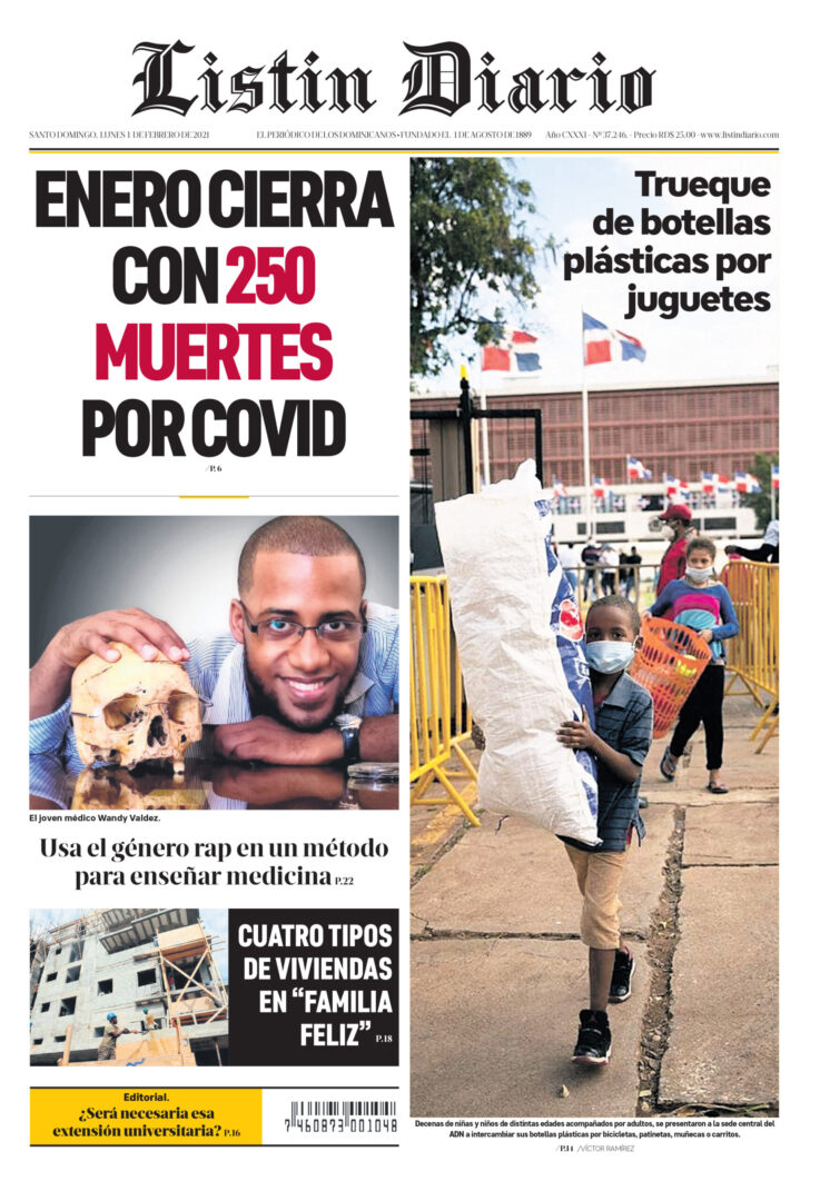 Portada Periódico Listín Diario, Lunes 01 de Febrero, 2021
