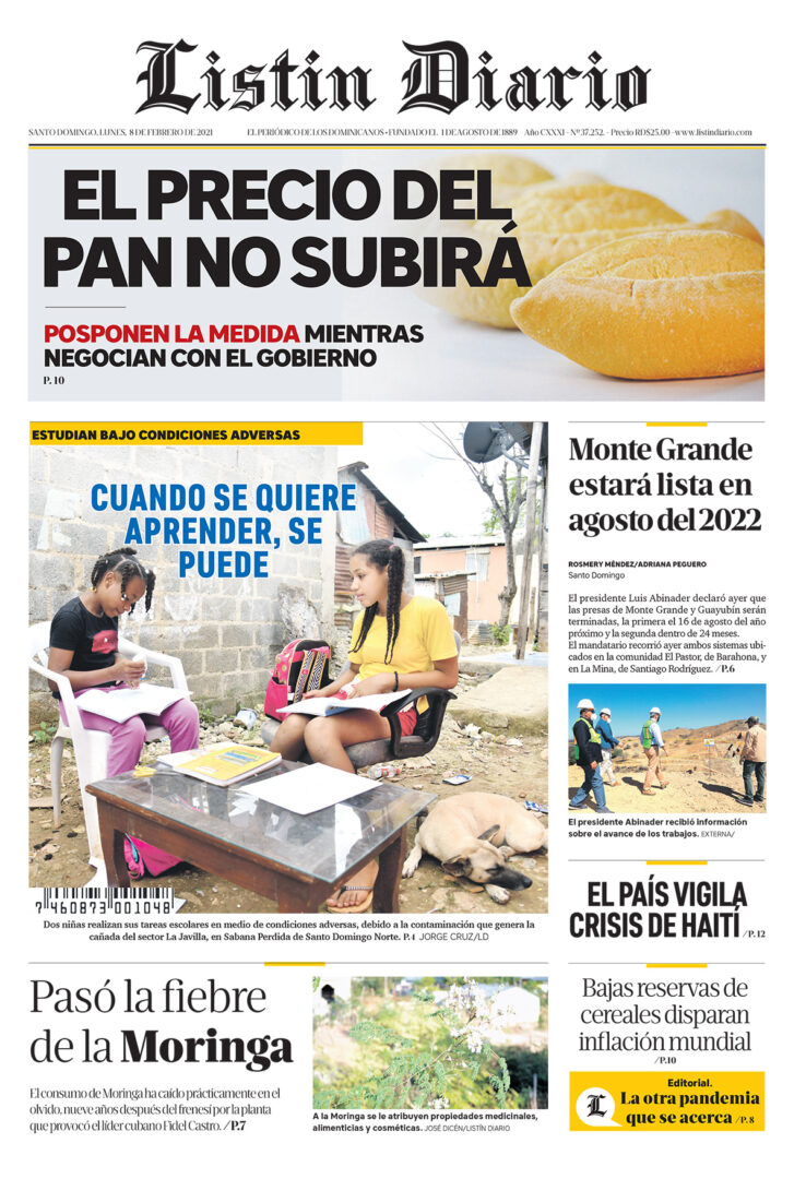 Portada Periódico Listín Diario, Lunes 08 de Febrero, 2021