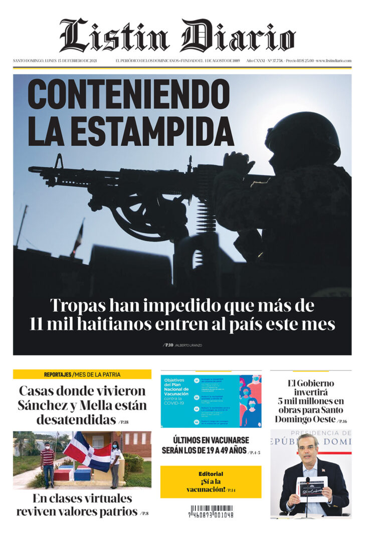 Portada Periódico Listín Diario, Lunes 15 de Febrero, 2021
