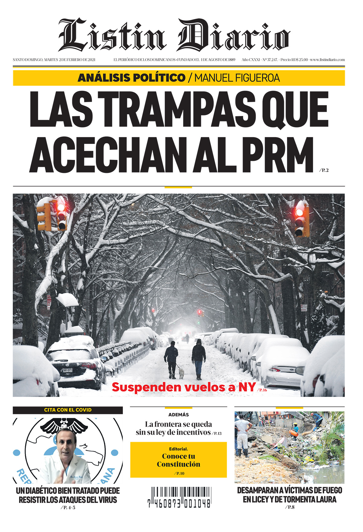 Portada Periódico Listín Diario, Martes 02 de Febrero, 2021