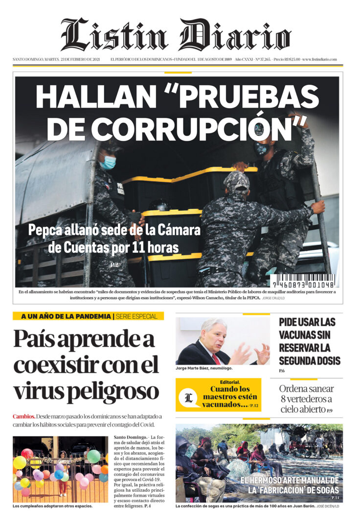 Portada Periódico Listín Diario, Martes 23 de Febrero, 2021