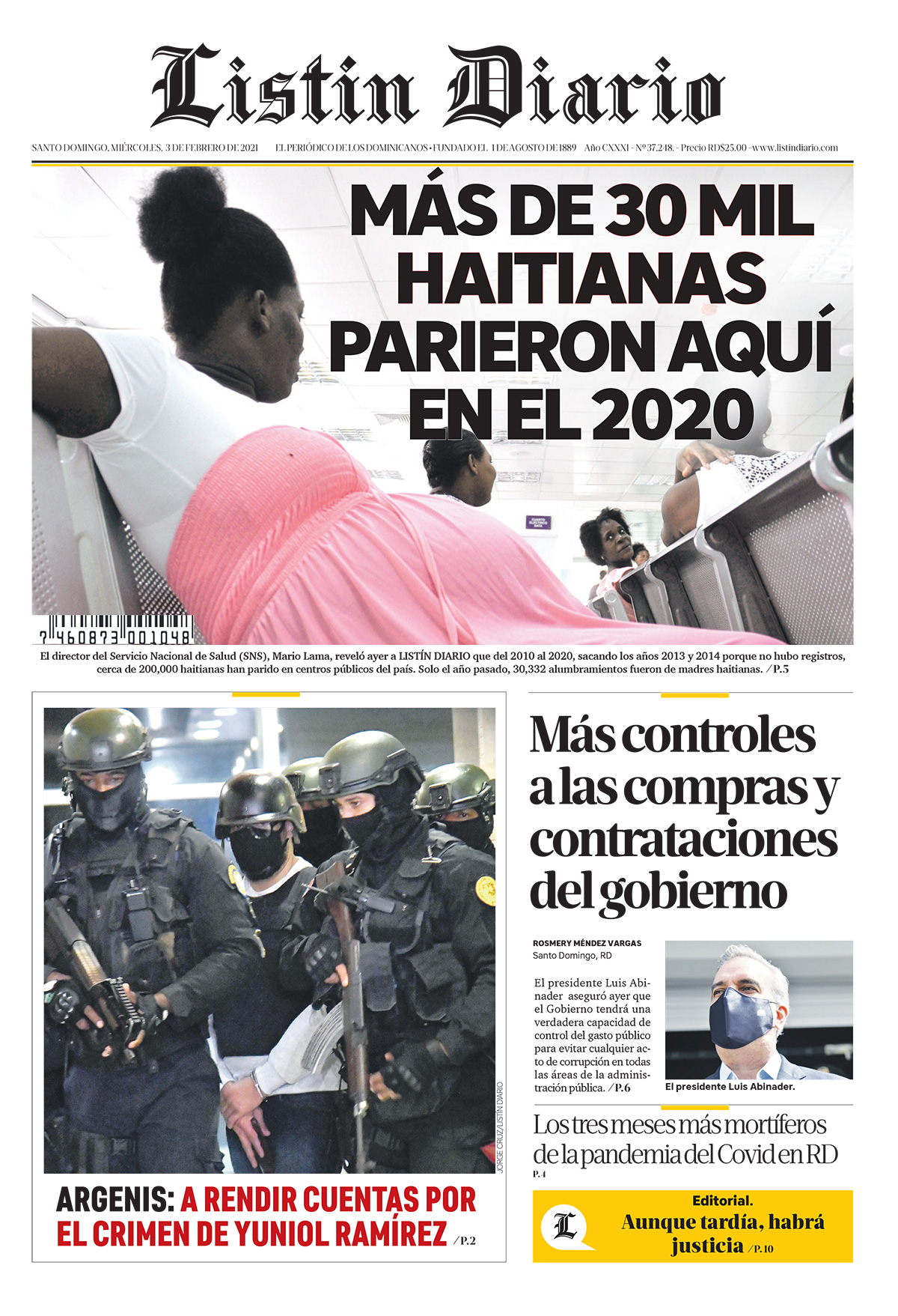 Portada Periódico Listín Diario, Miércoles 03 de Febrero, 2021