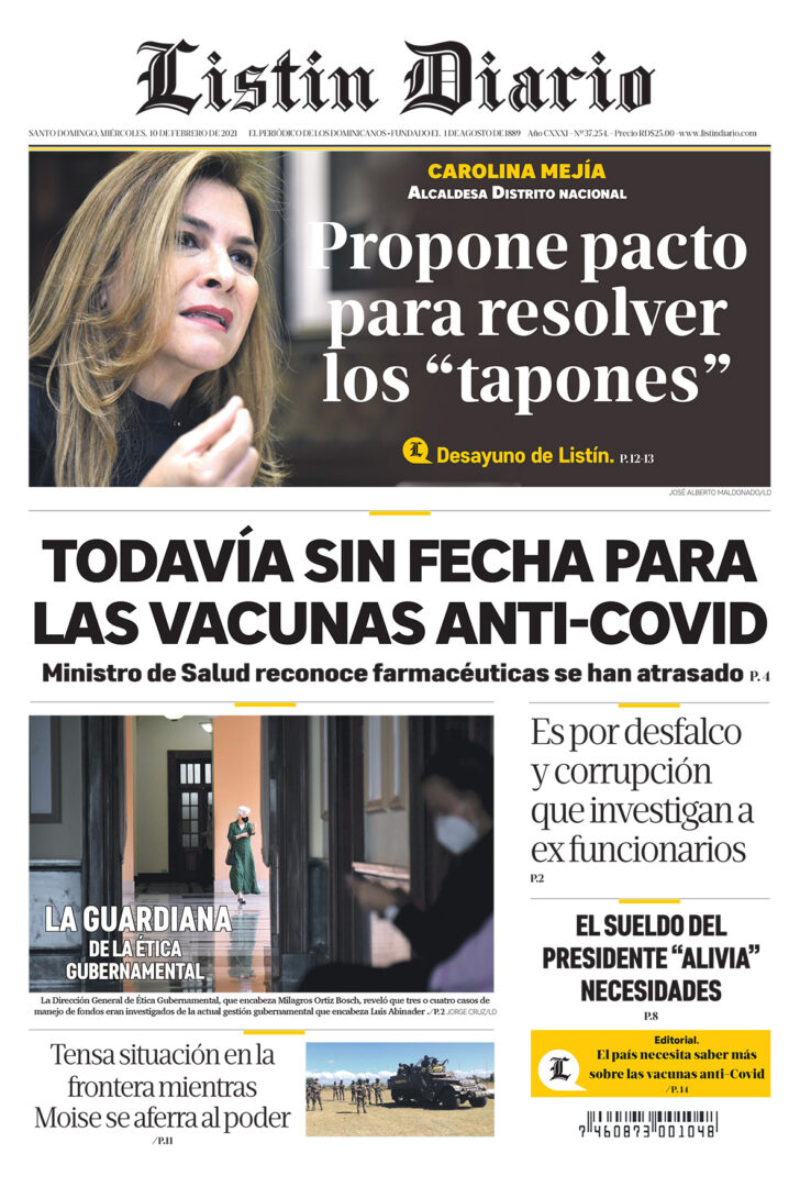 Portada Periódico Listín Diario, Miércoles 10 de Febrero, 2021