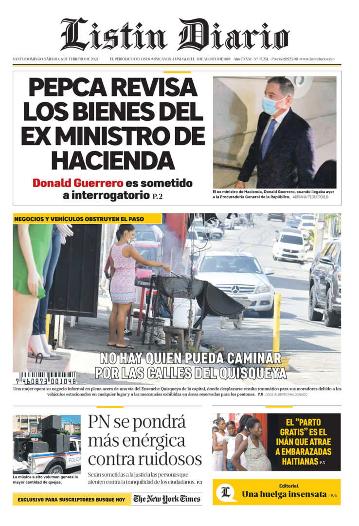 Portada Periódico Listín Diario, Sábado 06 de Febrero, 2021