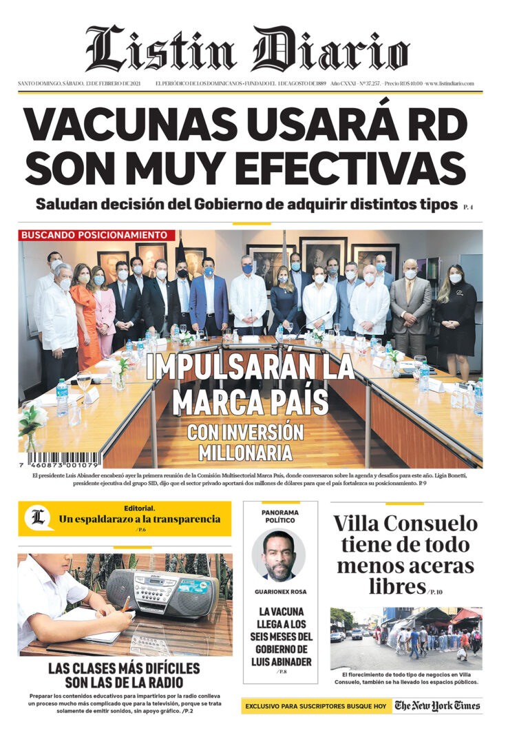 Portada Periódico Listín Diario, Sábado 13 de Febrero, 2021