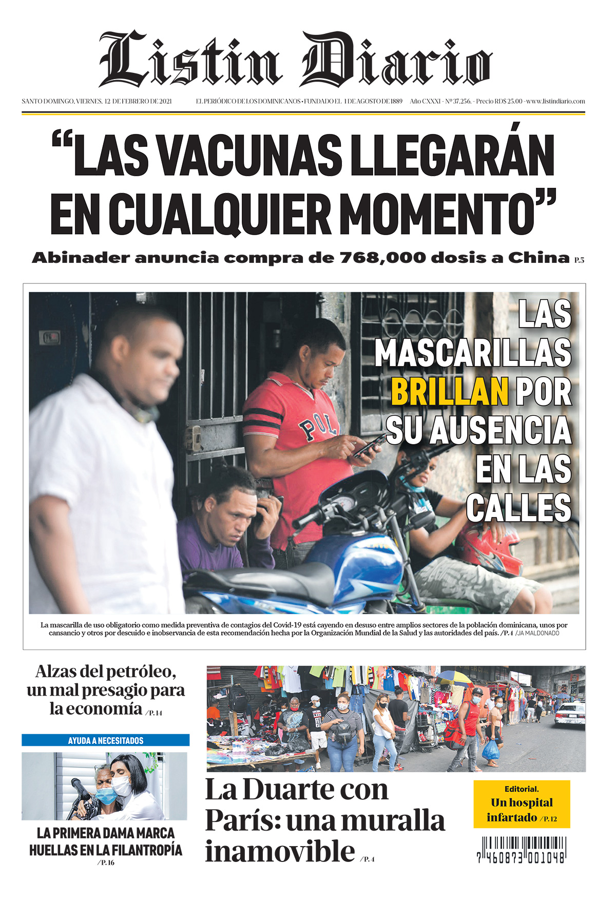 Portada Periódico Listín Diario, Viernes 12 de Febrero, 2021