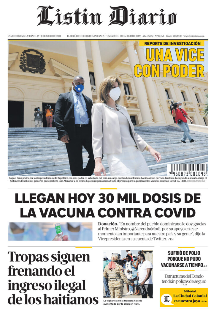 Portada Periódico Listín Diario, Viernes 19 de Febrero, 2021