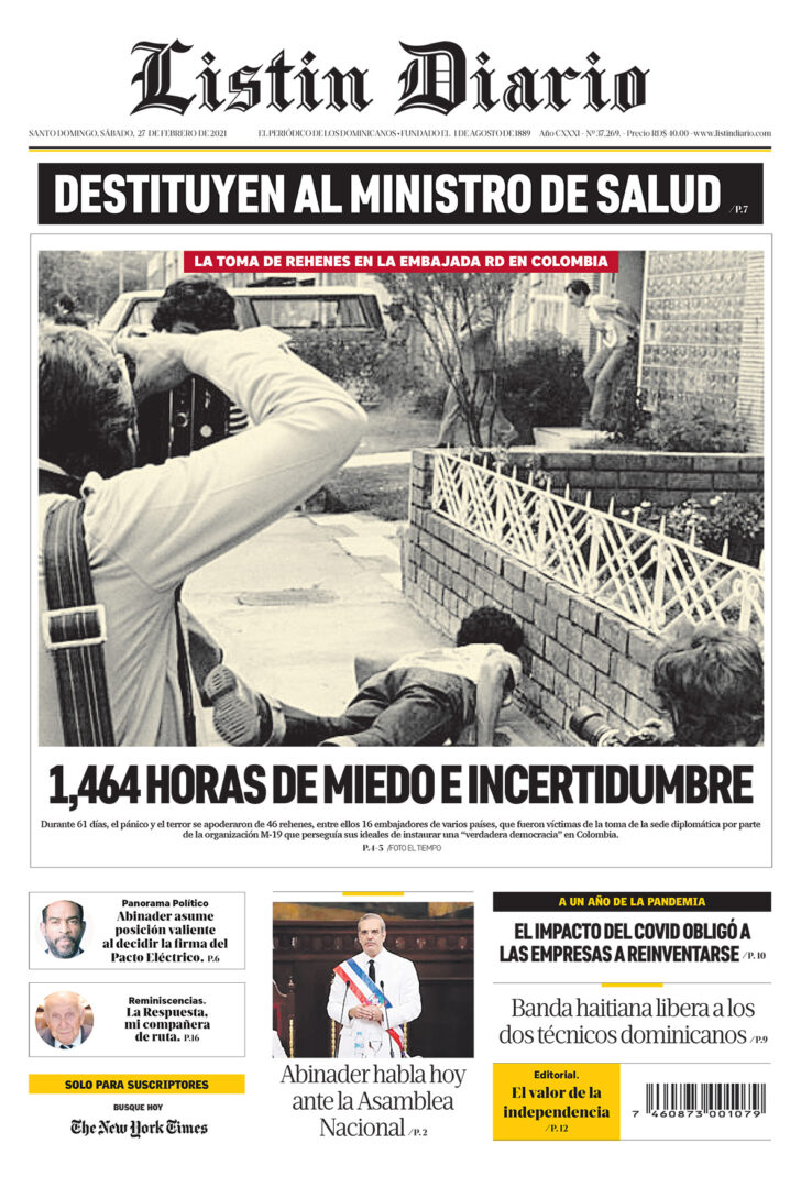 Portada Periódico Listín Diario, Viernes 26 de Febrero, 2021