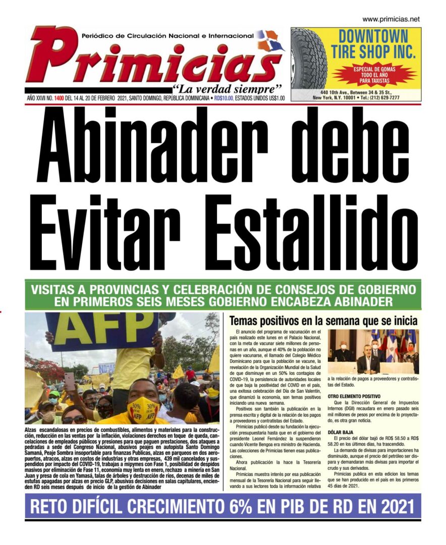 Portada Periódico Primicias, Domingo 14 de Febrero, 2021