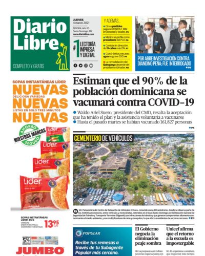 Portada Periódico Diario Libre, Jueves 04 de Marzo, 2021