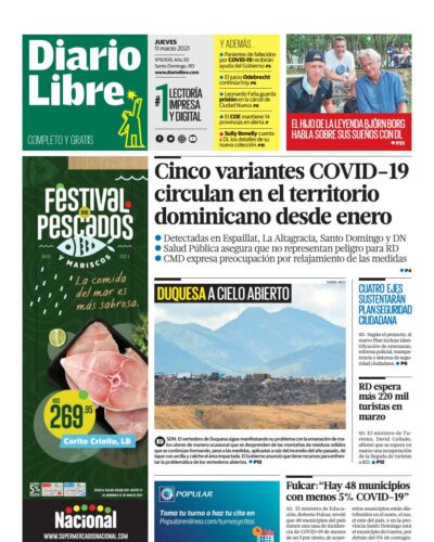 Portada Periódico Diario Libre, Jueves 11 de Marzo, 2021