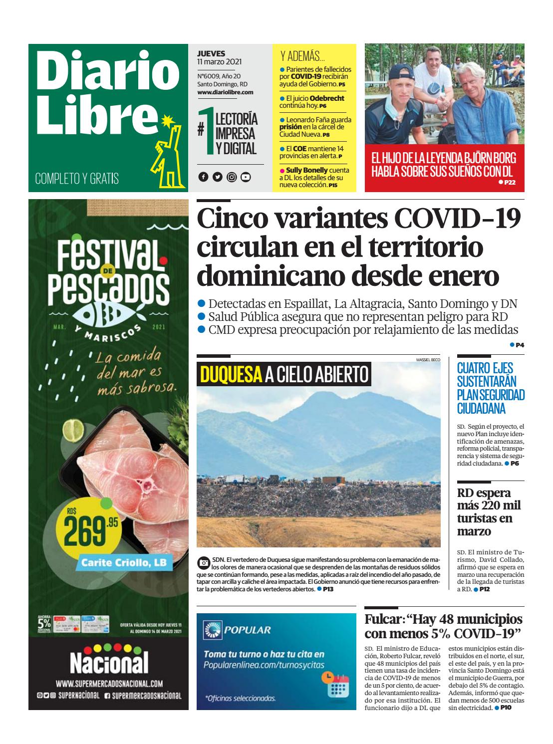 Portada Periódico Diario Libre, Jueves 11 de Marzo, 2021