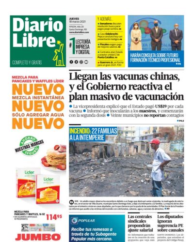 Portada Periódico Diario Libre, Jueves 18 de Marzo, 2021