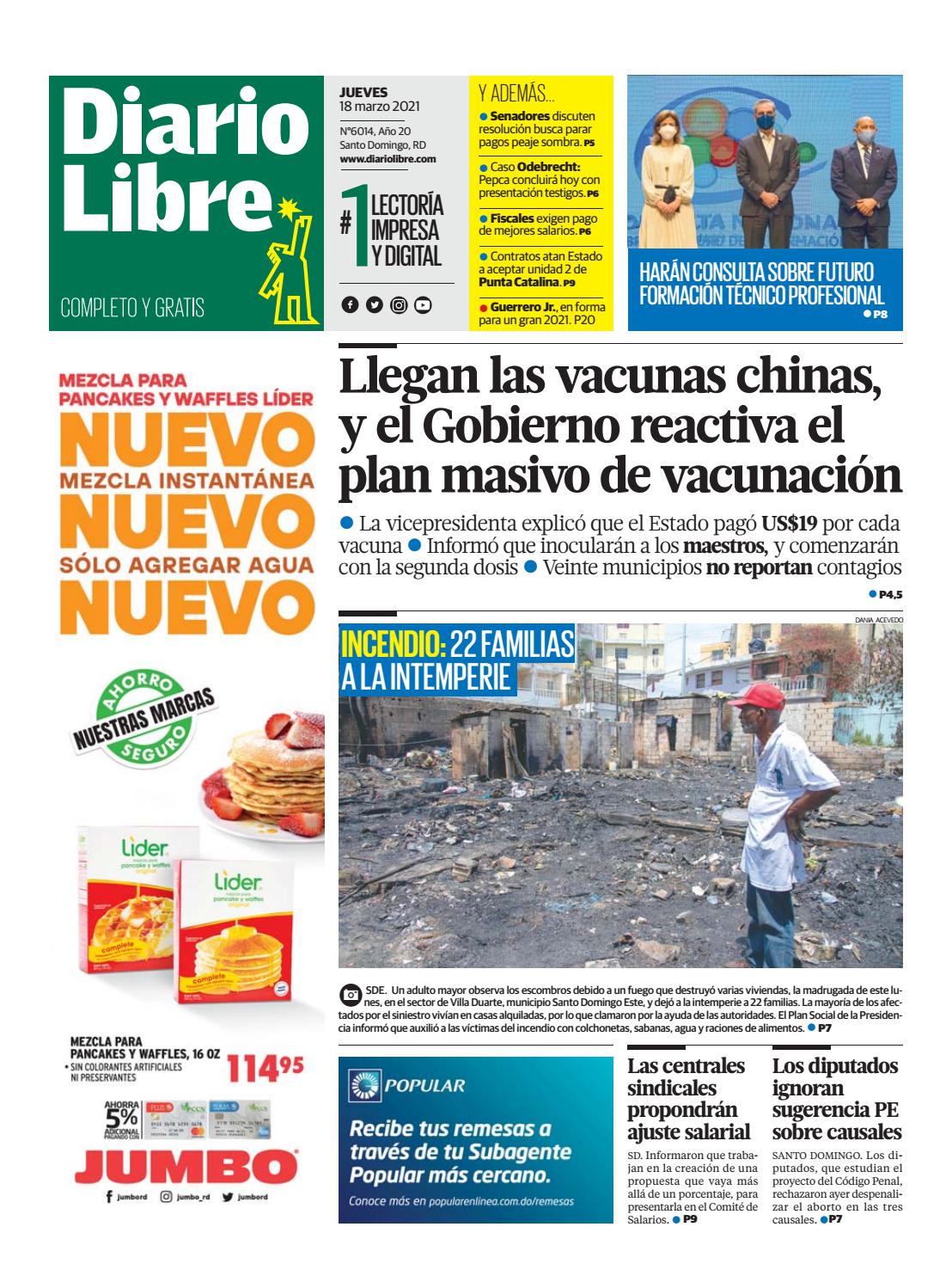 Portada Periódico Diario Libre, Jueves 18 de Marzo, 2021