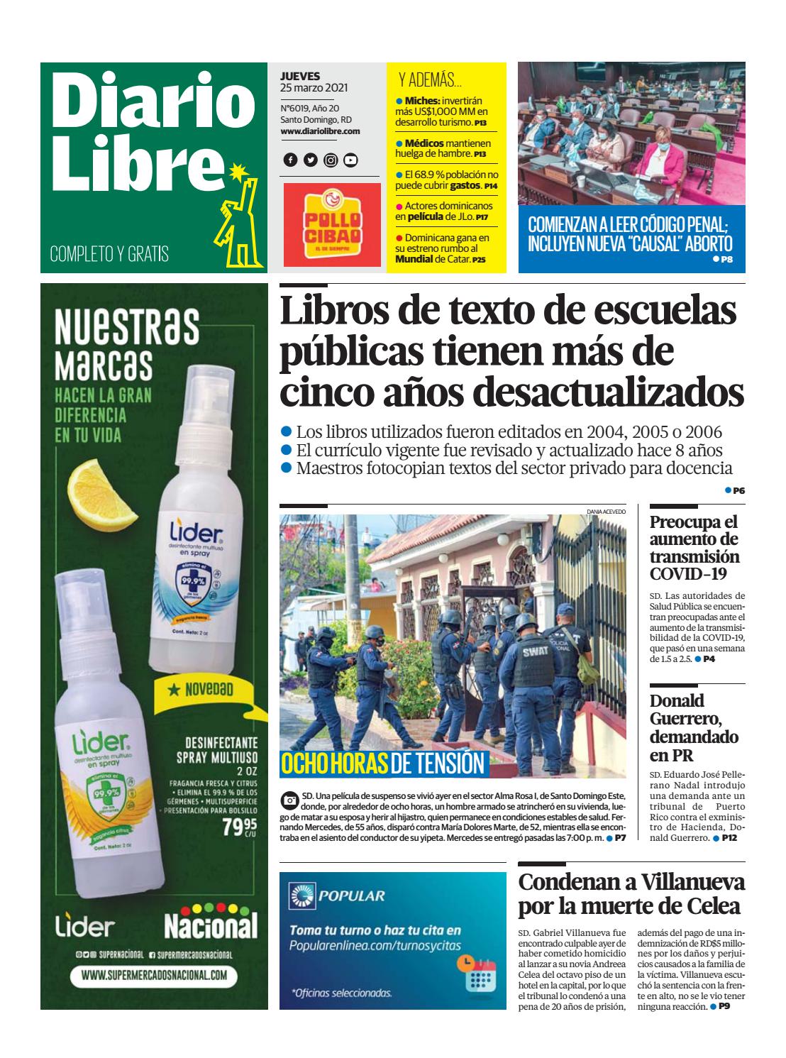 Portada Periódico Diario Libre, Jueves 25 de Marzo, 2021
