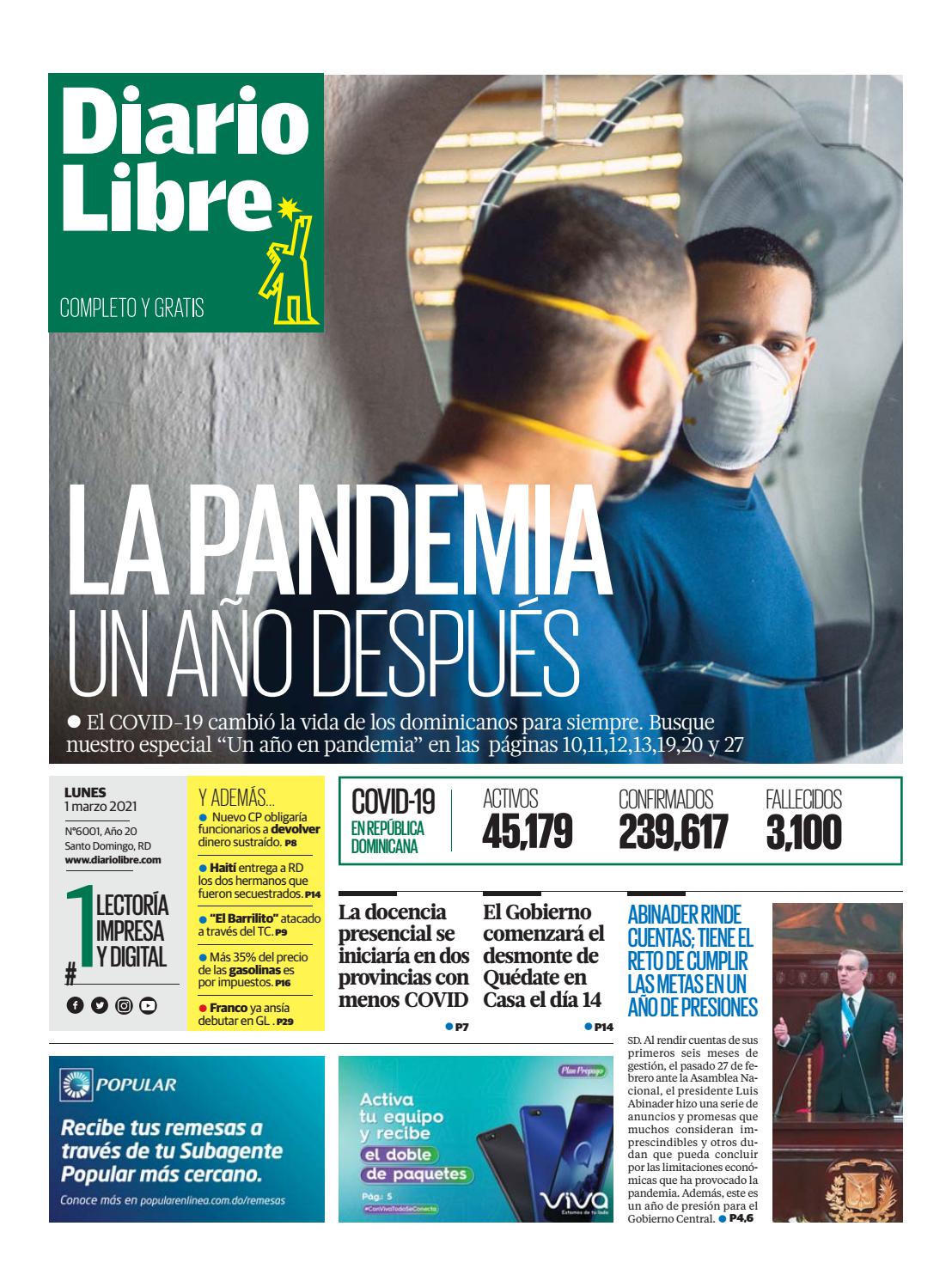 Portada Periódico Diario Libre, Lunes 01 de Marzo, 2021