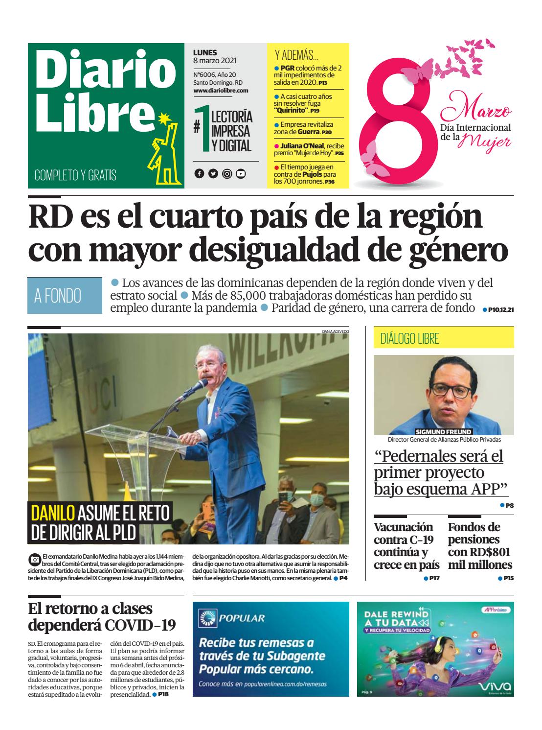 Portada Periódico Diario Libre, Lunes 08 de Marzo, 2021