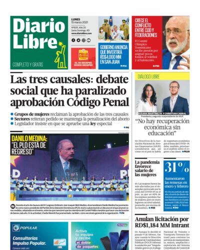 Portada Periódico Diario Libre, Lunes 15 de Marzo, 2021