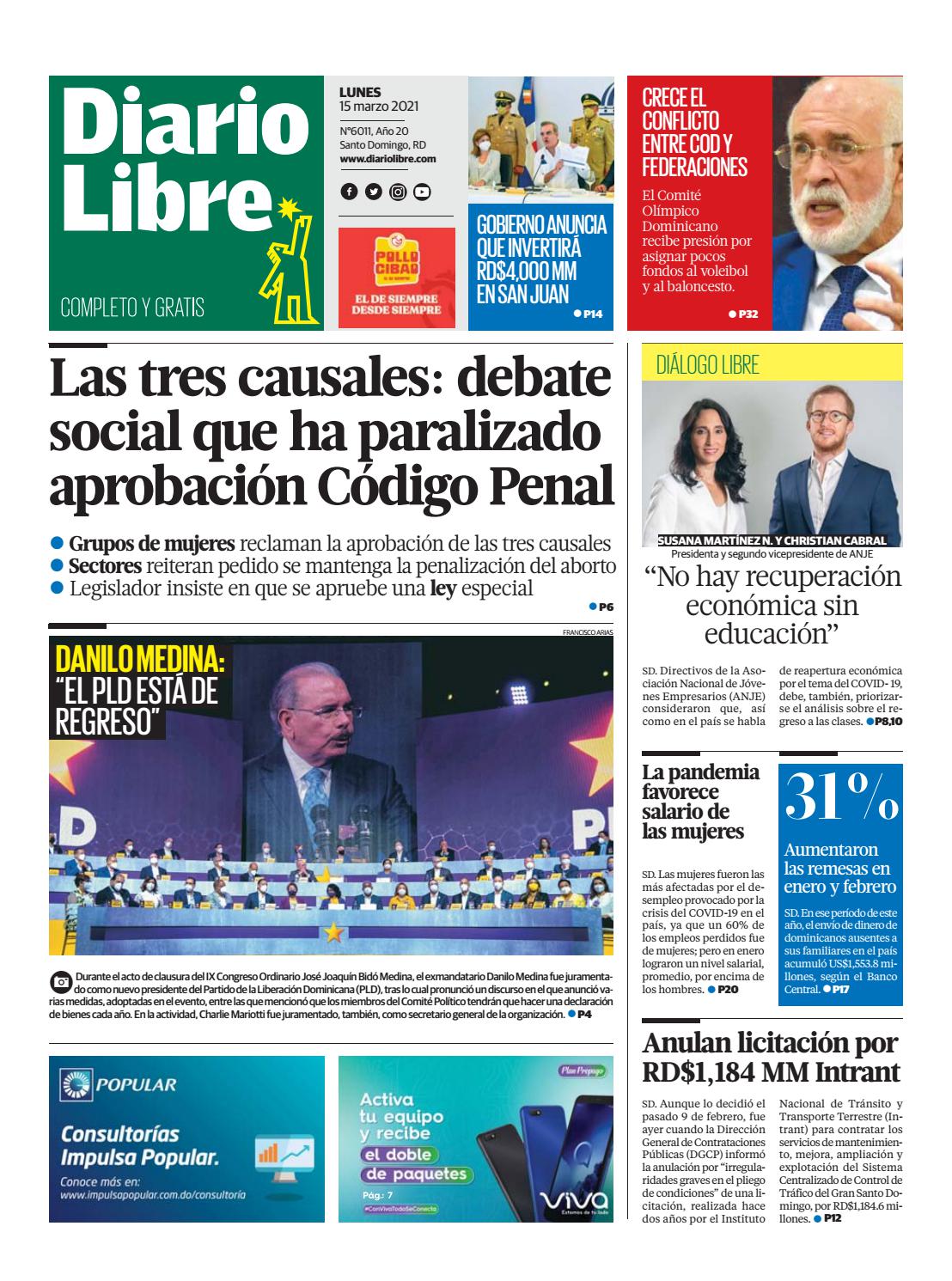 Portada Periódico Diario Libre, Lunes 15 de Marzo, 2021