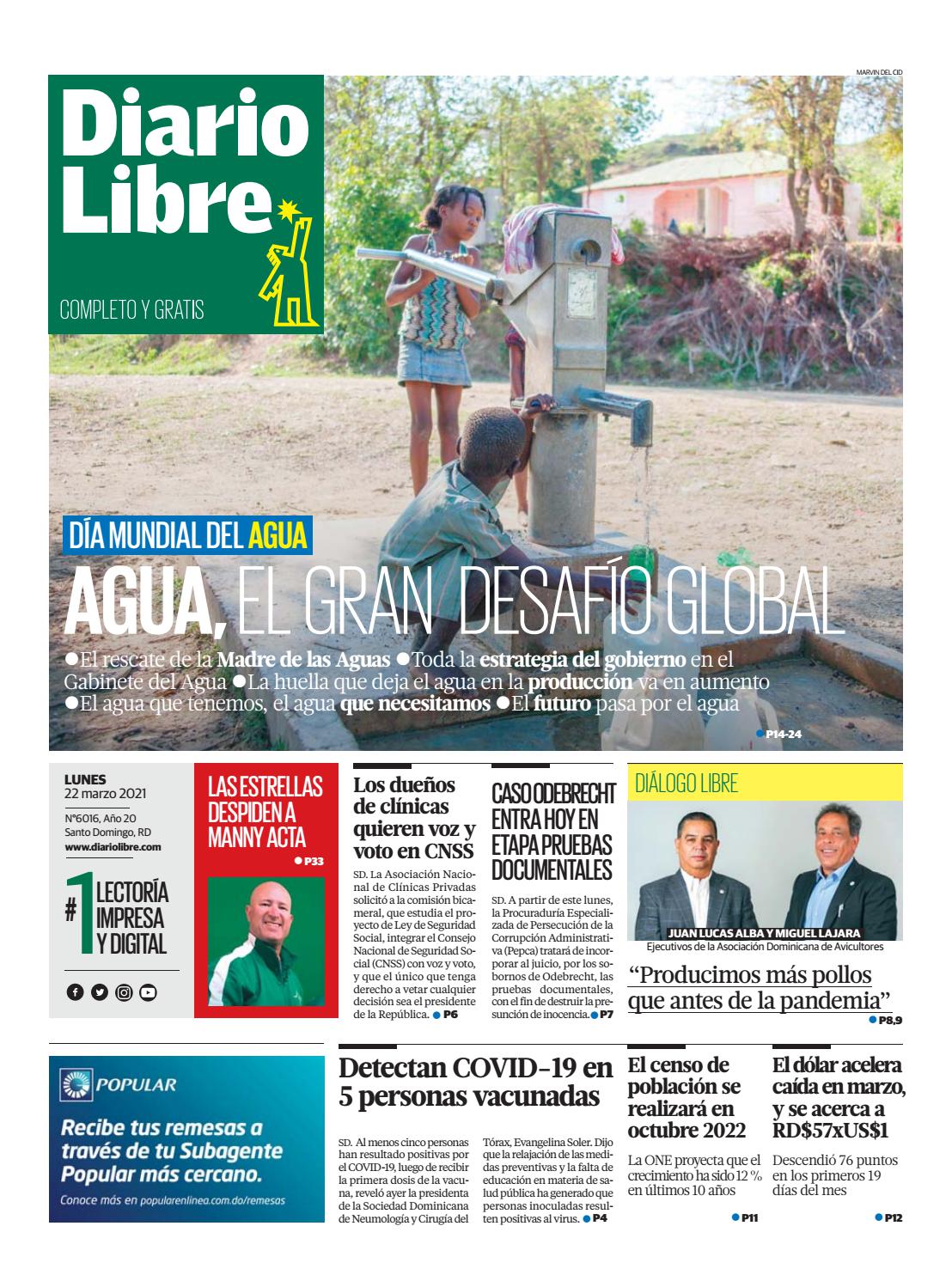 Portada Periódico Diario Libre, Lunes 22 de Marzo, 2021