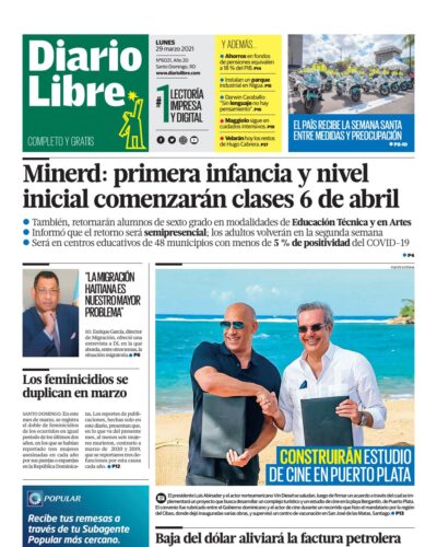 Portada Periódico Diario Libre, Lunes 29 de Marzo, 2021