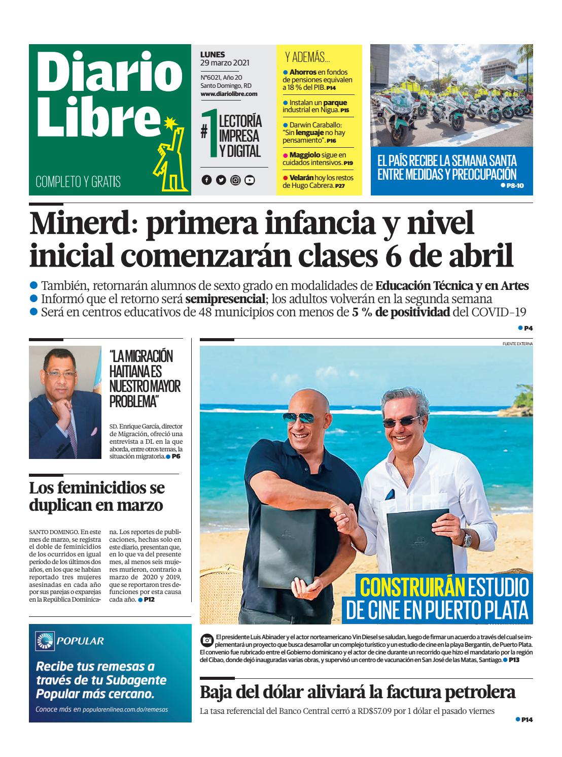 Portada Periódico Diario Libre, Lunes 29 de Marzo, 2021