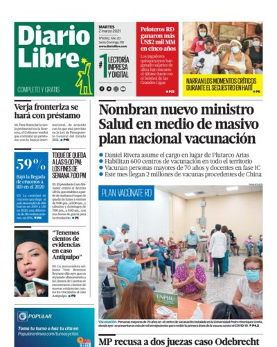 Portada Periódico Diario Libre, Martes 02 de Marzo, 2021