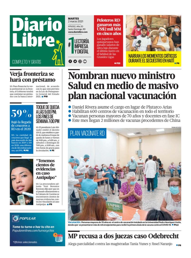 Portada Periódico Diario Libre, Martes 02 de Marzo, 2021