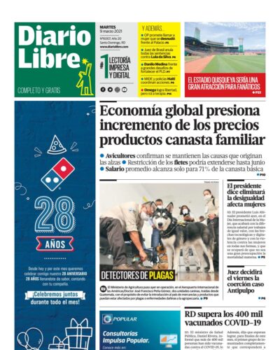 Portada Periódico Diario Libre, Martes 09 de Marzo, 2021