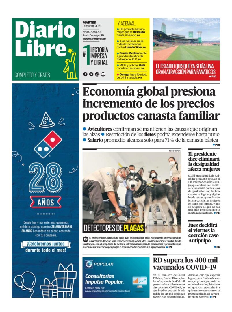 Portada Periódico Diario Libre, Martes 09 de Marzo, 2021
