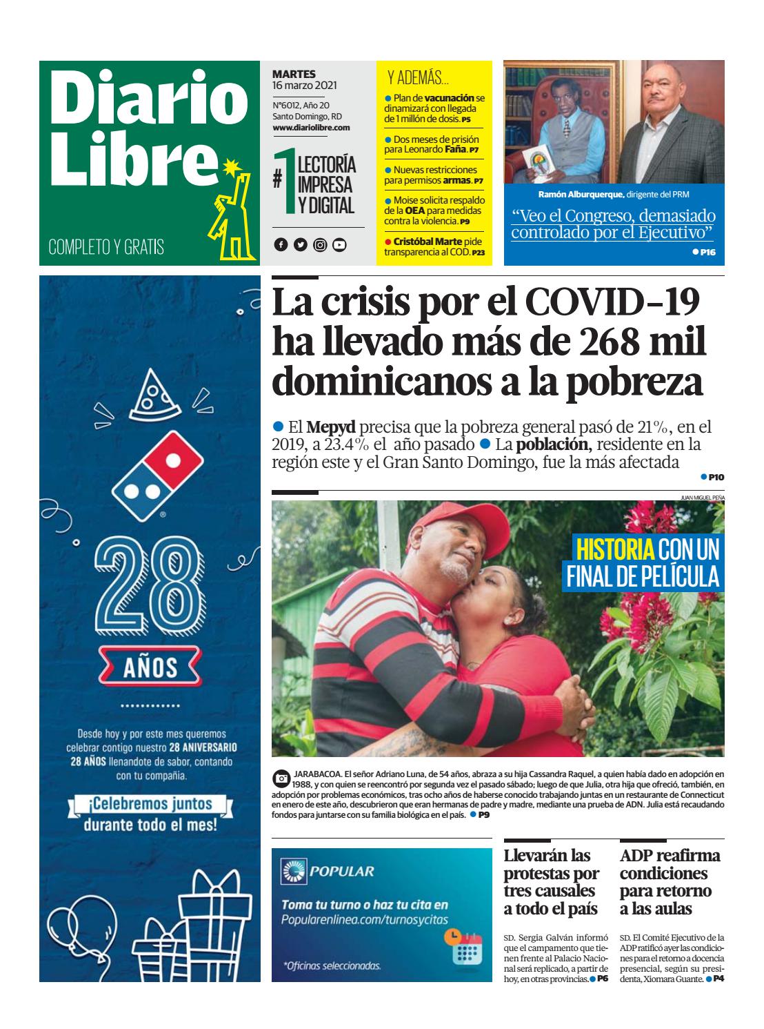 Portada Periódico Diario Libre, Martes 16 de Marzo, 2021