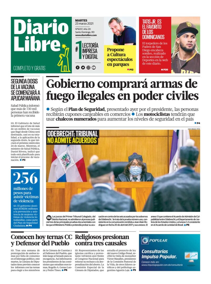 Portada Periódico Diario Libre, Martes 23 de Marzo, 2021