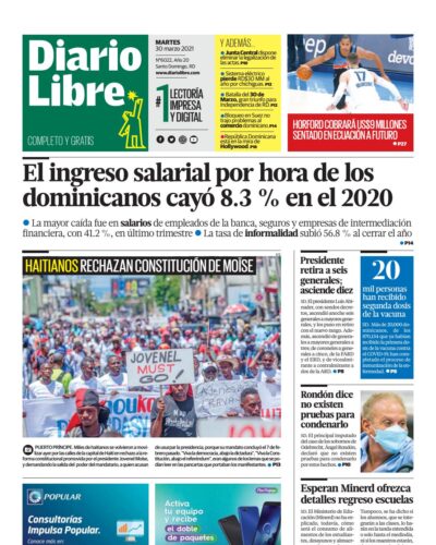 Portada Periódico Diario Libre, Martes 30 de Marzo, 2021