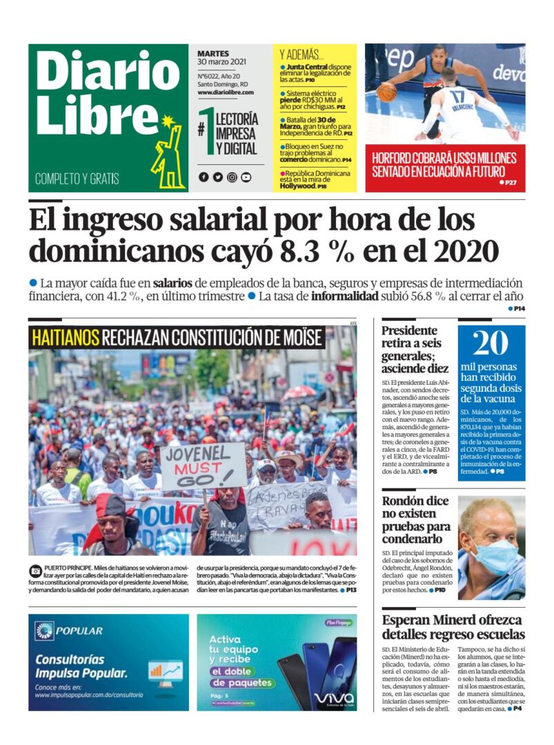Portada Periódico Diario Libre, Martes 30 de Marzo, 2021