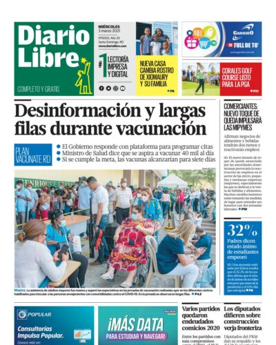 Portada Periódico Diario Libre, Miércoles 03 de Marzo, 2021
