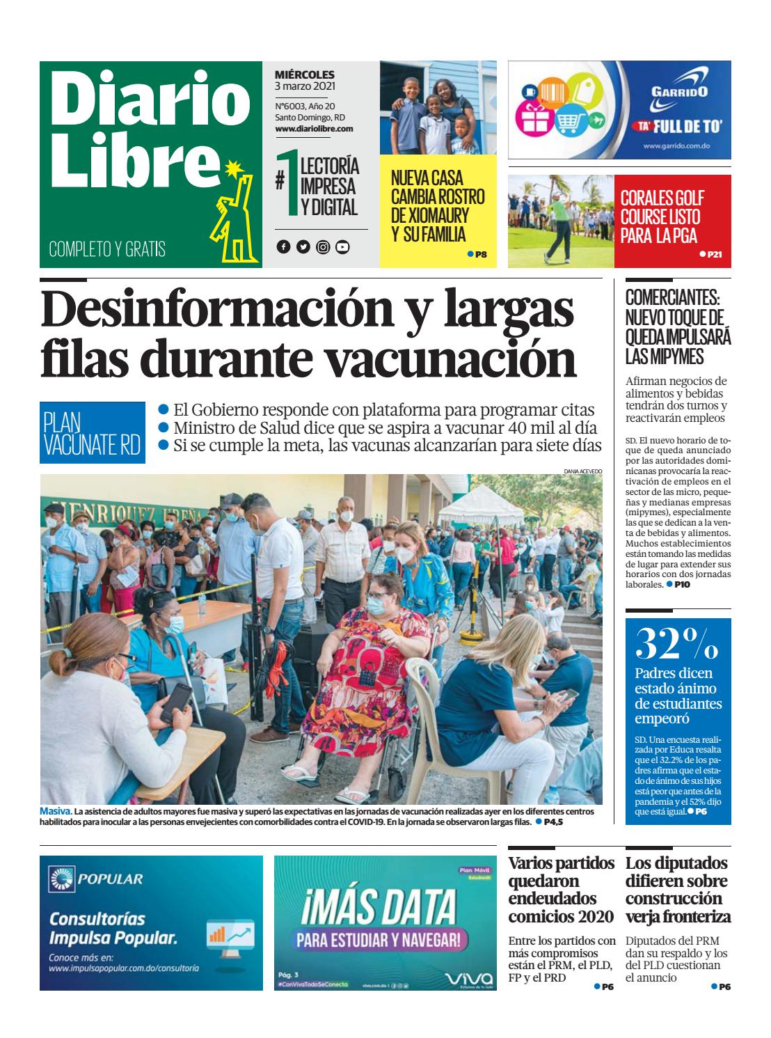 Portada Periódico Diario Libre, Miércoles 03 de Marzo, 2021