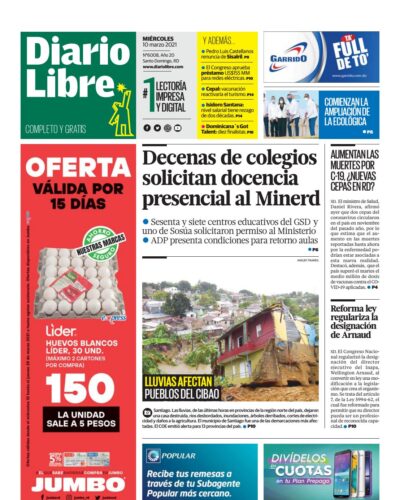 Portada Periódico Diario Libre, Miércoles 10 de Marzo, 2021