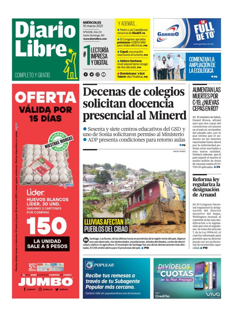Portada Periódico Diario Libre, Miércoles 10 de Marzo, 2021