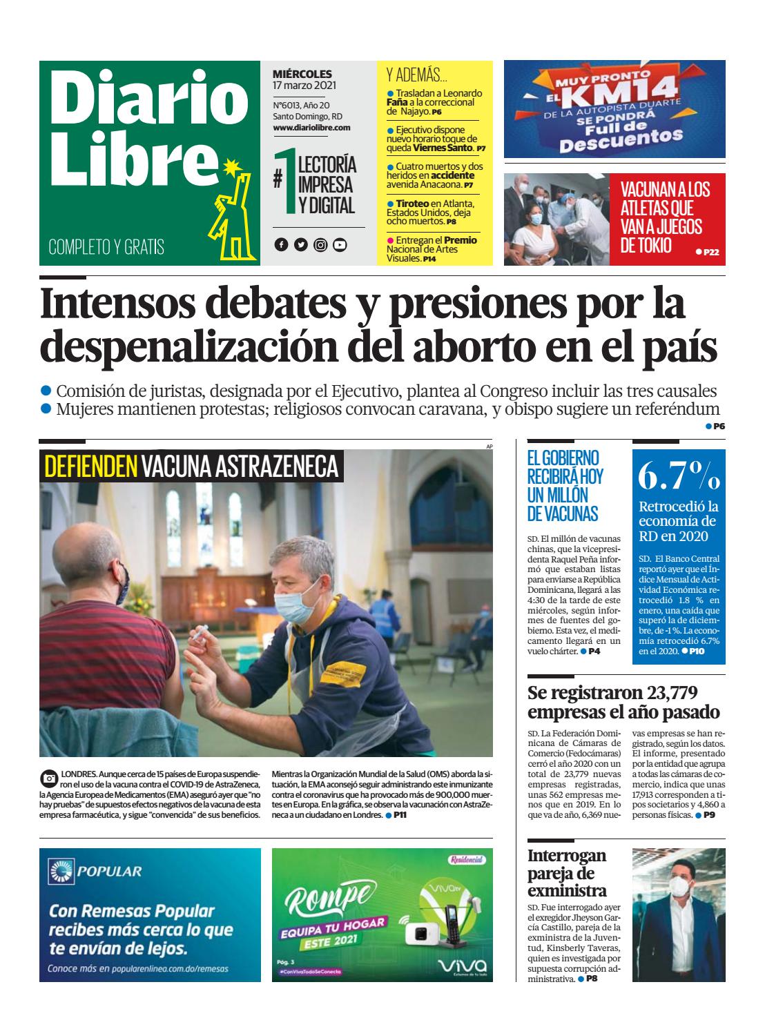 Portada Periódico Diario Libre, Miércoles 17 de Marzo, 2021
