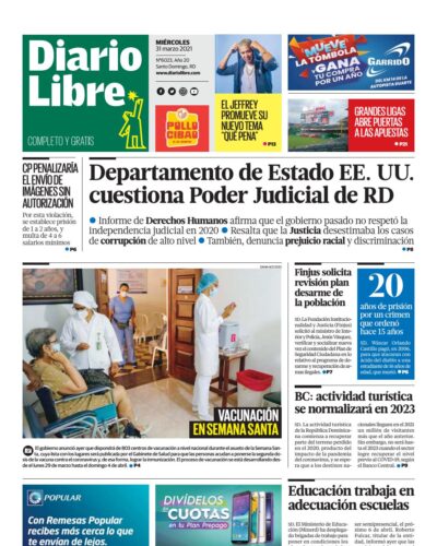 Portada Periódico Diario Libre, Miércoles 31 de Marzo, 2021
