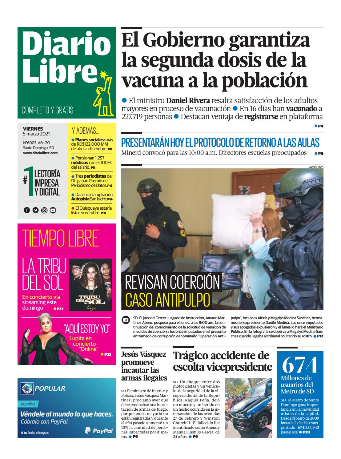 Portada Periódico Diario Libre, Viernes 05 de Marzo, 2021